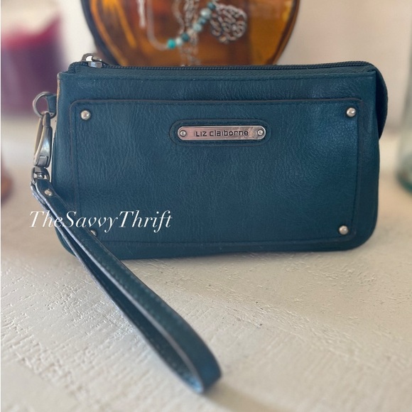 Liz Claiborne Handbags - Vintage/Discontinued Liz Claiborne Dark Teal Green Pebbled Wristlet Clutch